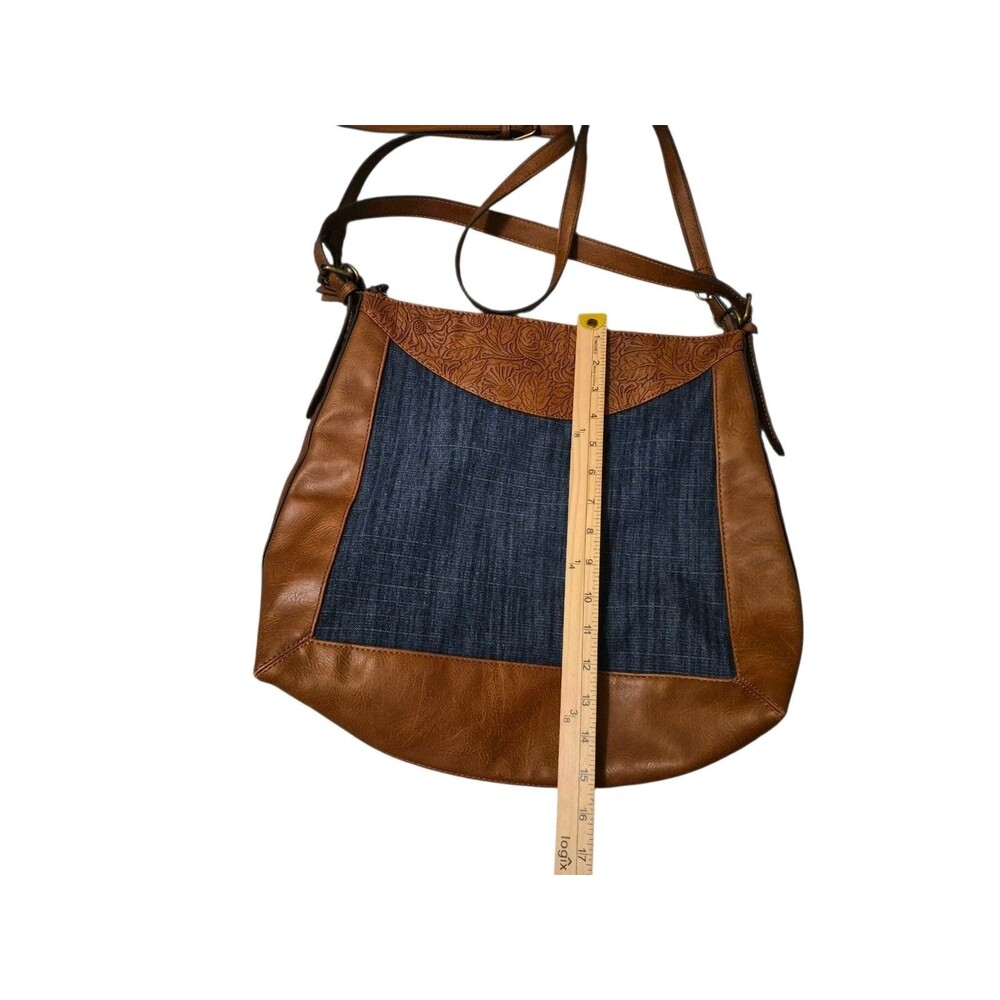 Pioneer Woman Denim Tote Hobo Purse Vegan Leather Blue Brown - Picture 4 of 9